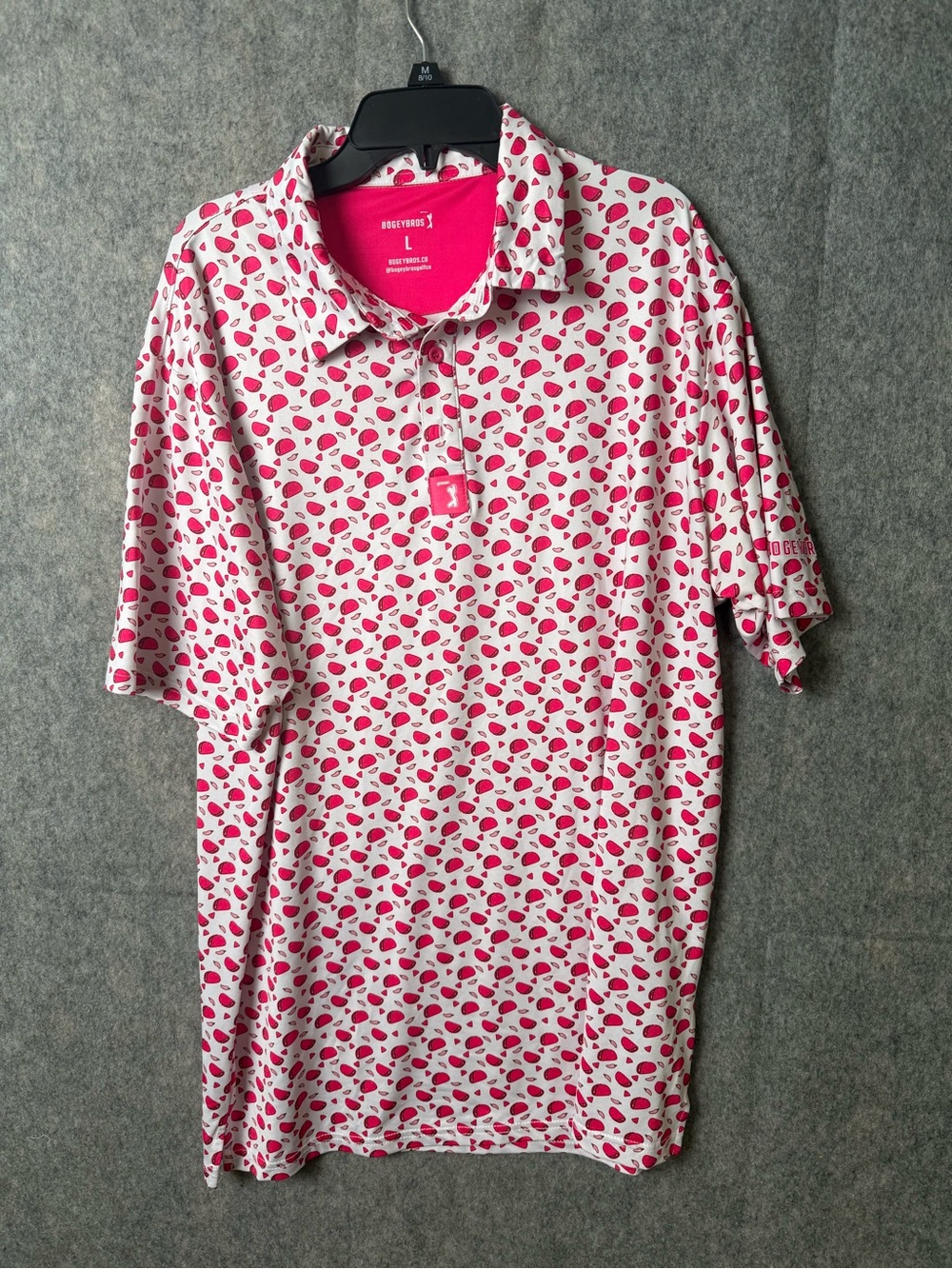 Bogey Bros men's Large Golf performance stretch polo shirt pink taco print